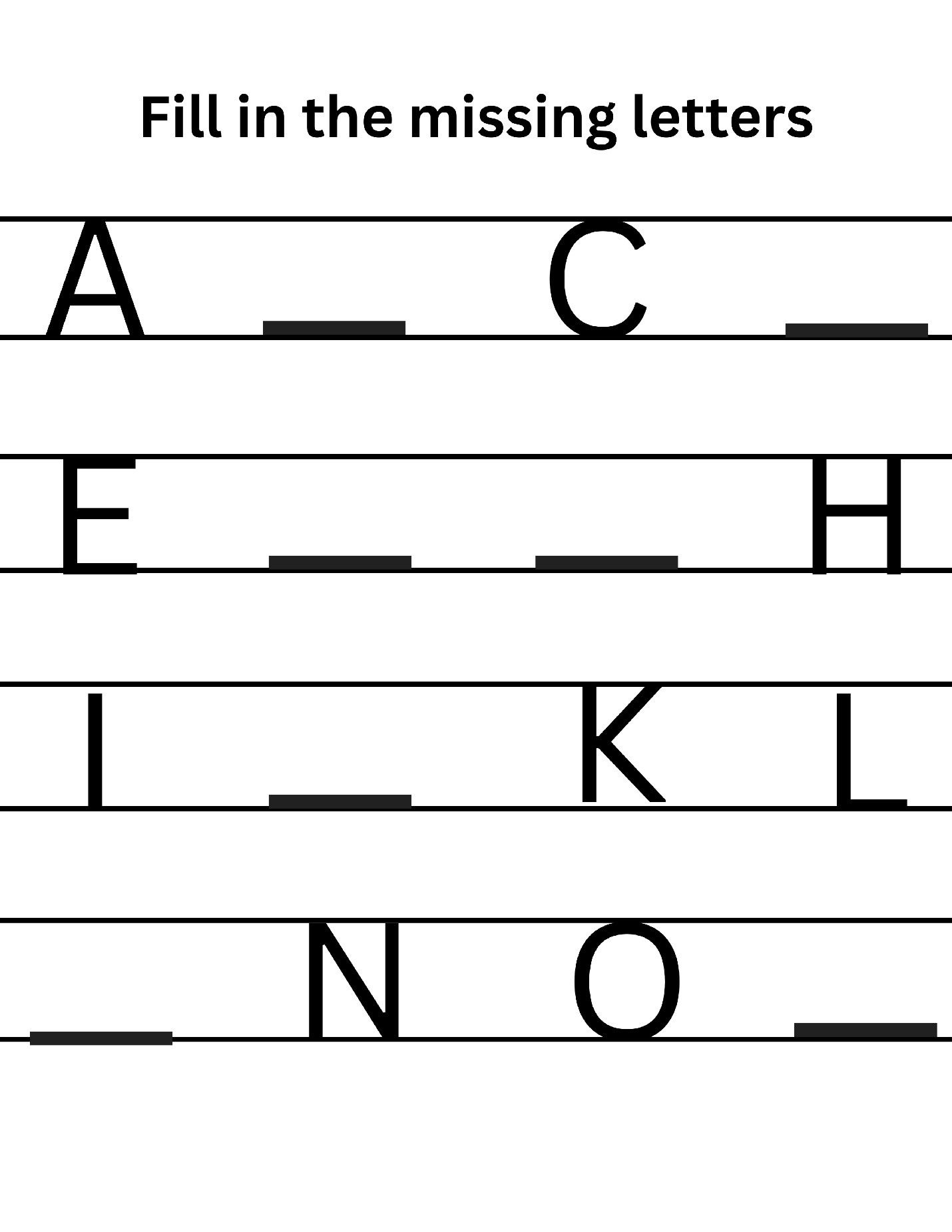 Printable missing-letters worksheet with large alphabet practice lines for letters A through H.