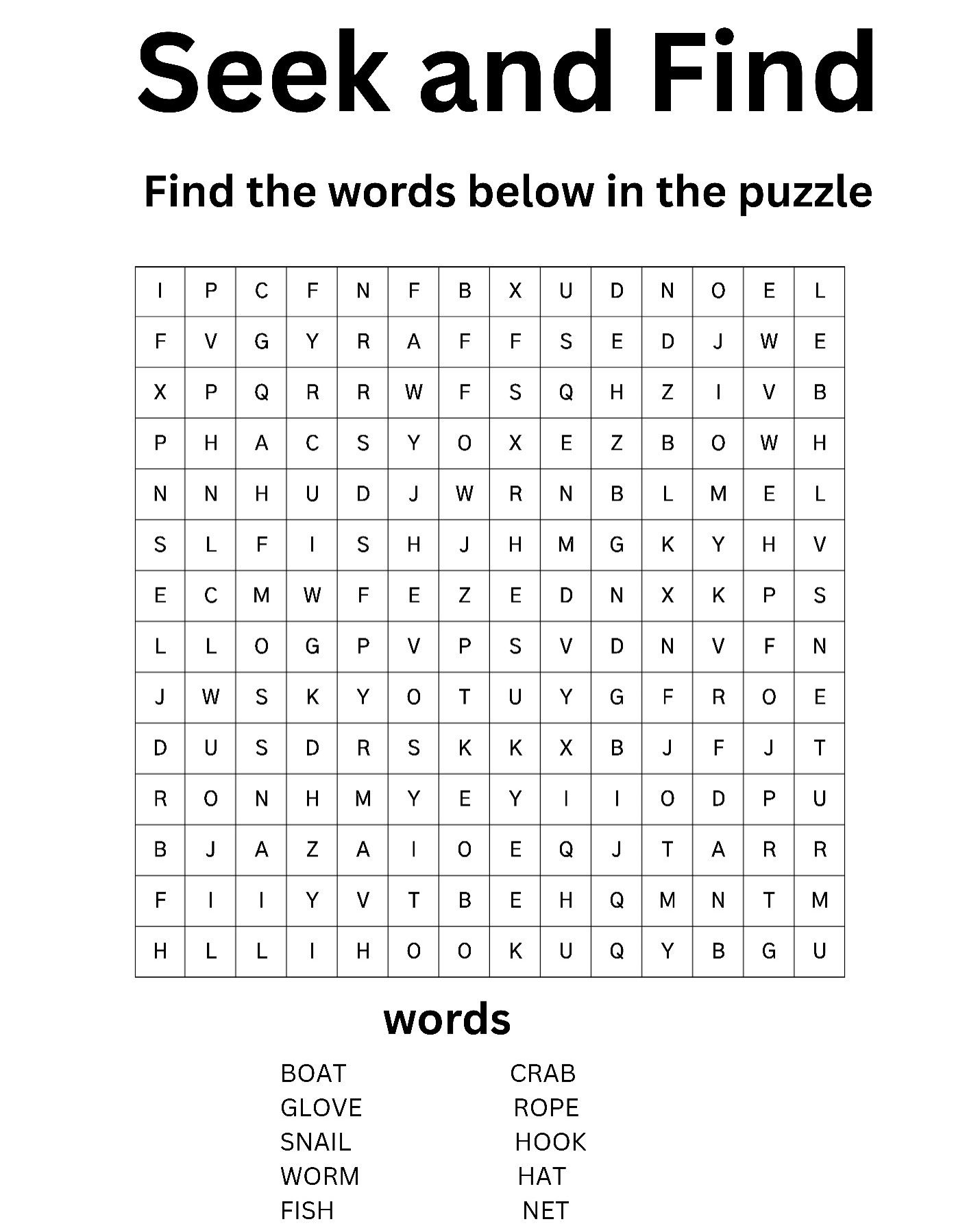Printable seek-and-find word search with a letter grid and a list of words.