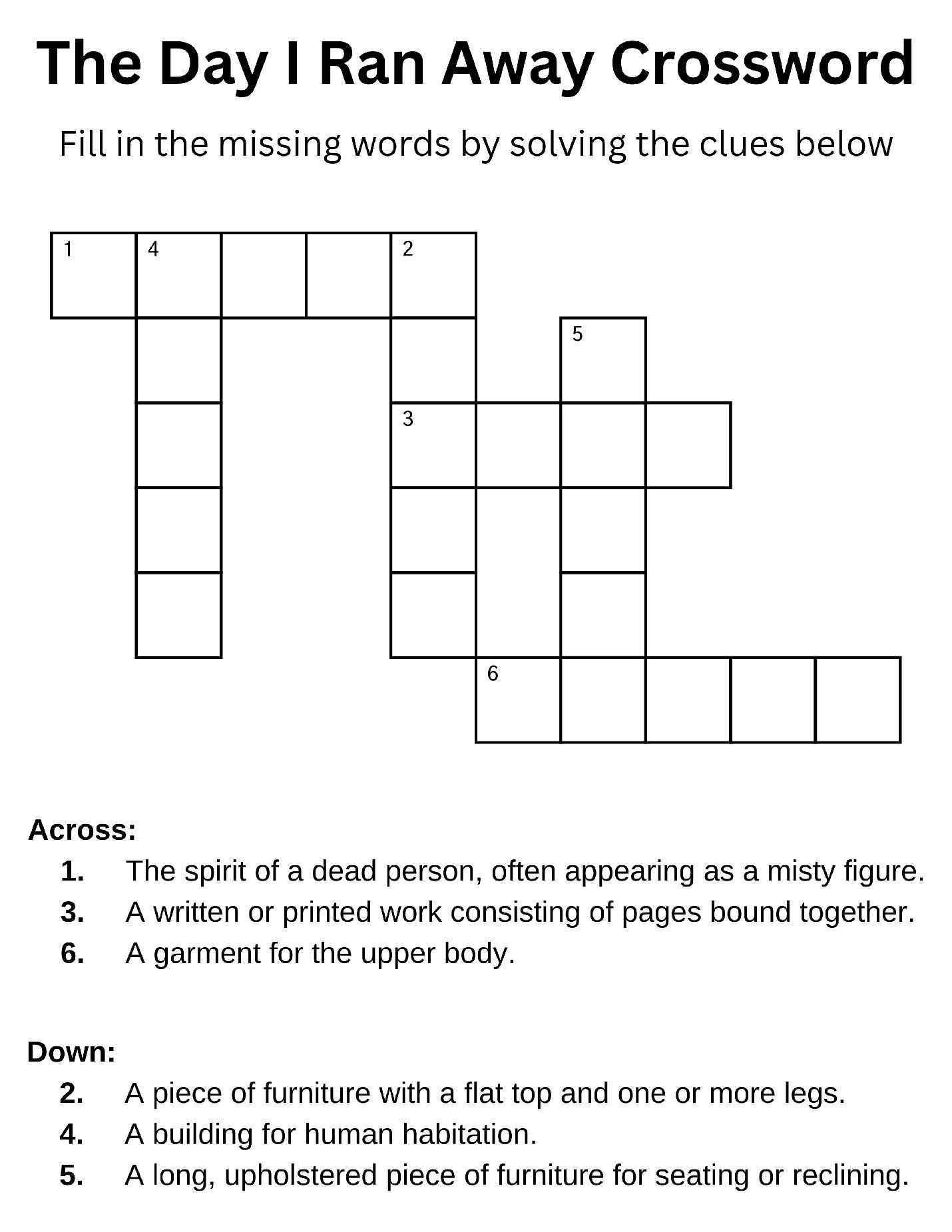 Printable crossword worksheet with clues about The Day I Ran Away story.